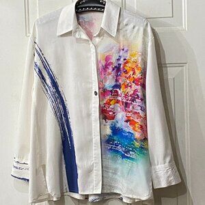 NEW Lemon Grass Womens Sz XS Oversize Blouse Shirt Long Sleeve White/Multicolor
